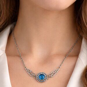 Angel Wing Snap Necklace Blue Rhinestone Silver Tone